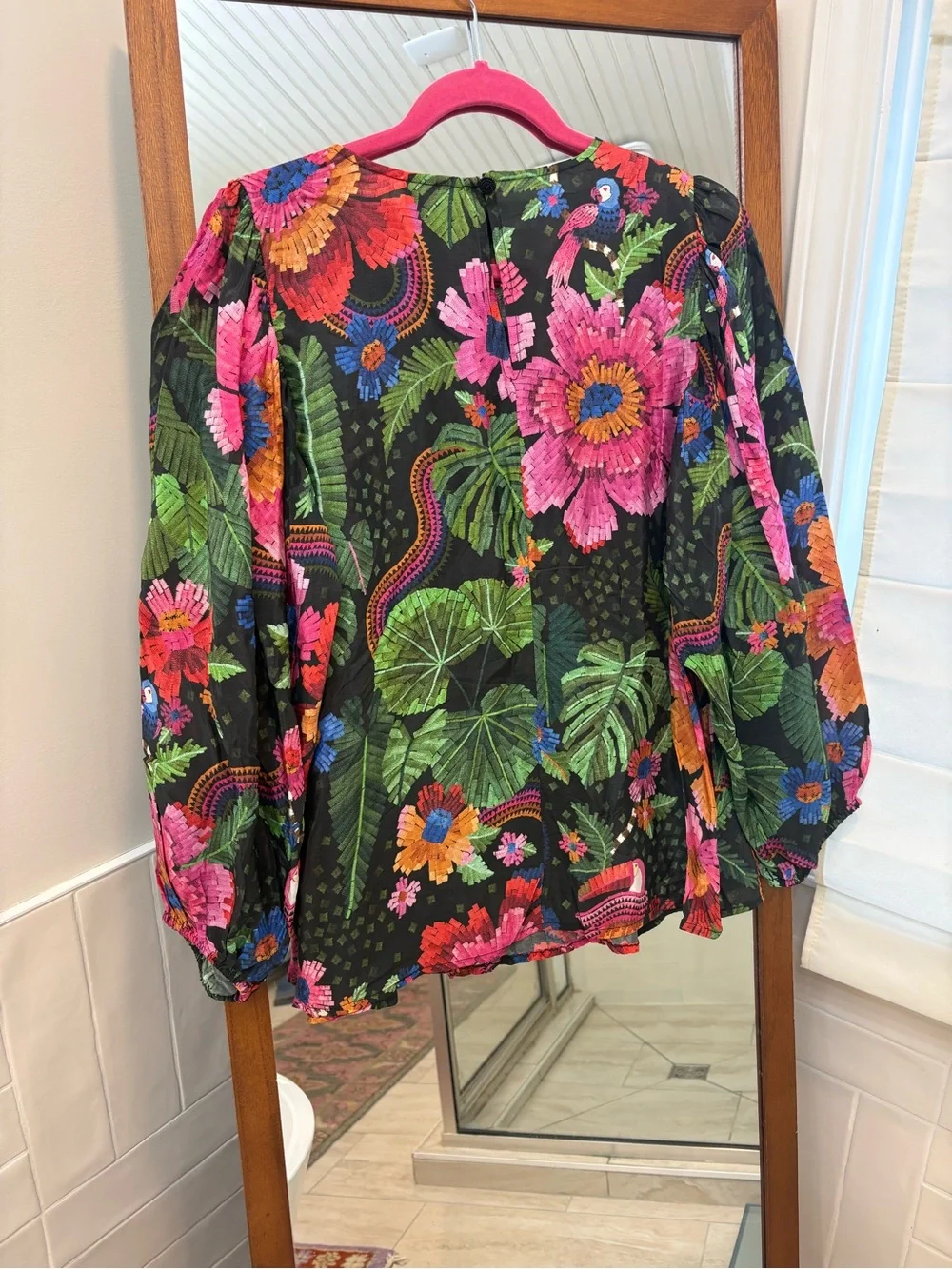 FARM Rio Black Floral Puff-Sleeve Blouse with Green, Pink and Orange Bloom